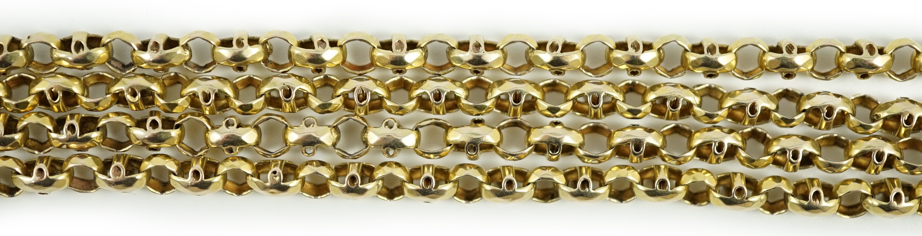 A Victorian yellow metal guard chain, 154cm, 38.5 grams.